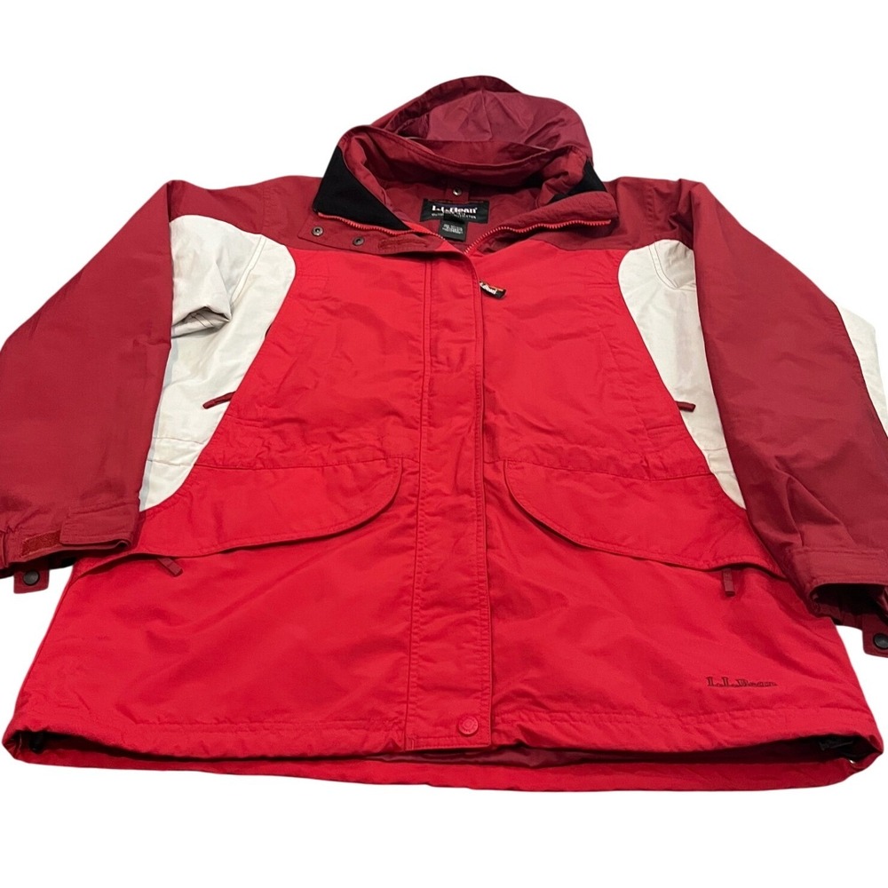LL Bean Parka Jacket Womens L Red‎ Colorblock Hooded Nylon Outdoor 0WV87